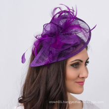 Purple Fascinator Mesh Hat Fascinator with Mesh Ribbons and Purple Feathers For Ladies